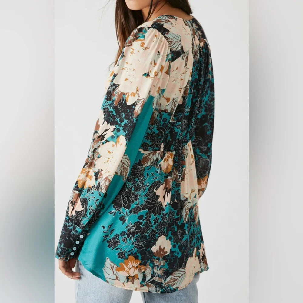 Free People Boho Top Long Sleeve Deep V Neck Tunic Teal Floral XS EUC